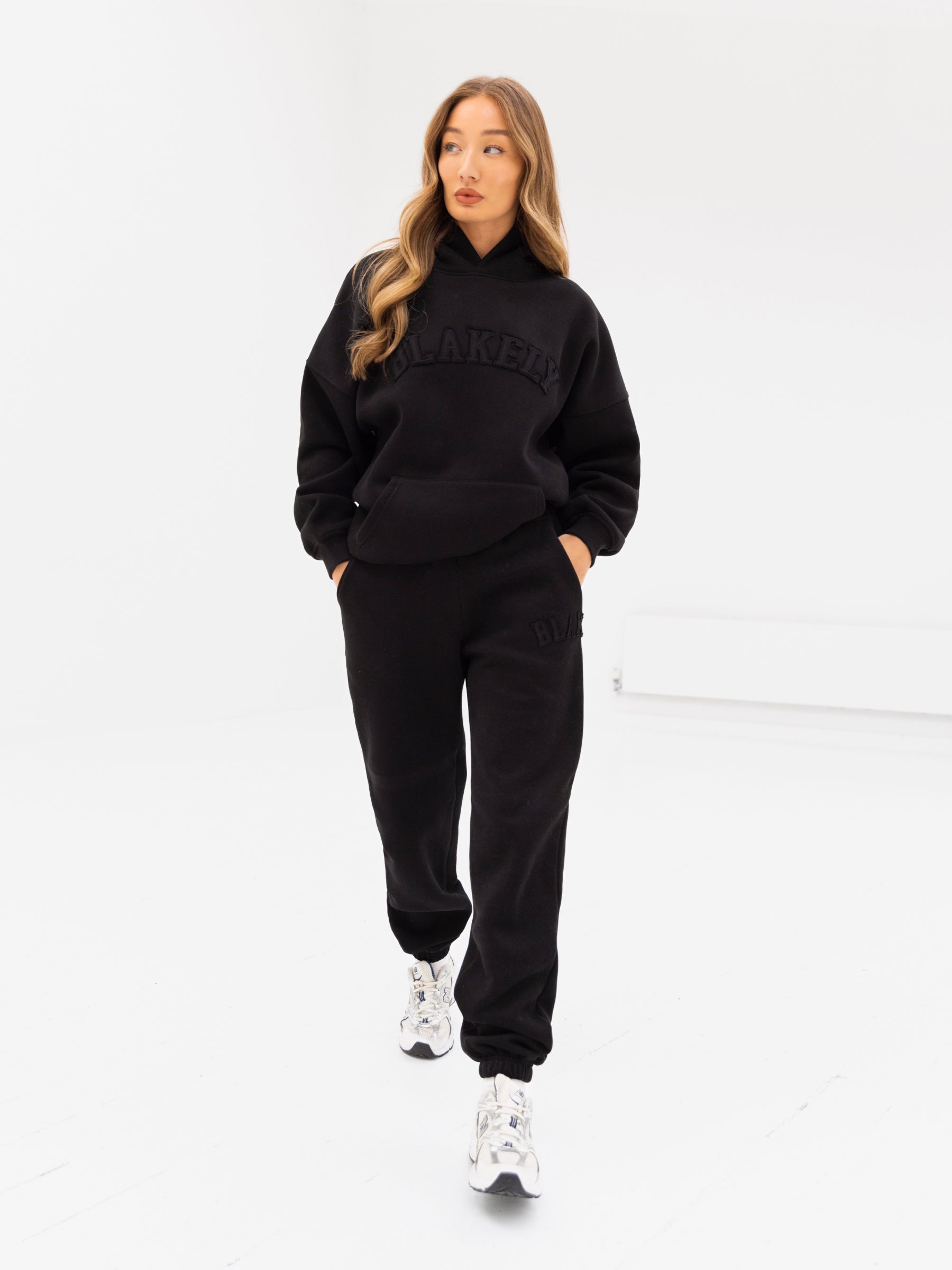 Tonal Varsity Oversized Hoodie & Sweatpants Set - Black